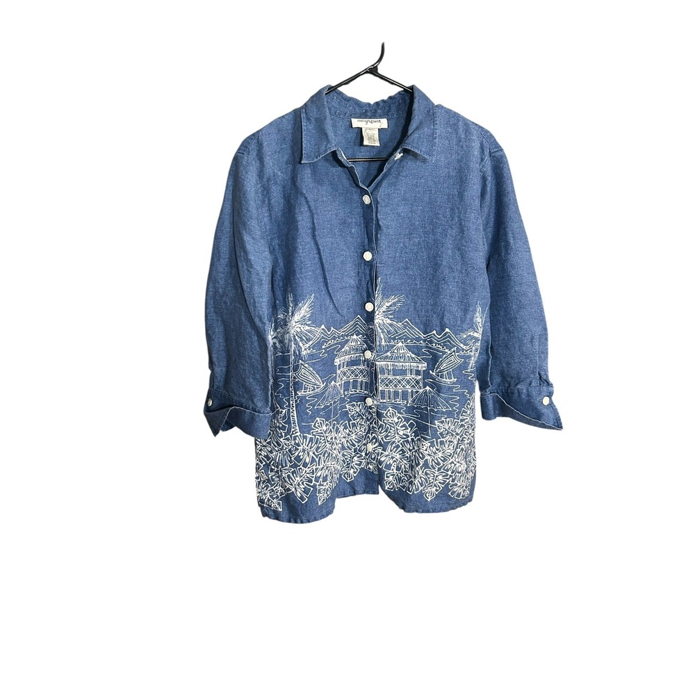 Easy Spirit White Tropical Print Women's 100% Linen Boxy Button Down Top Size L